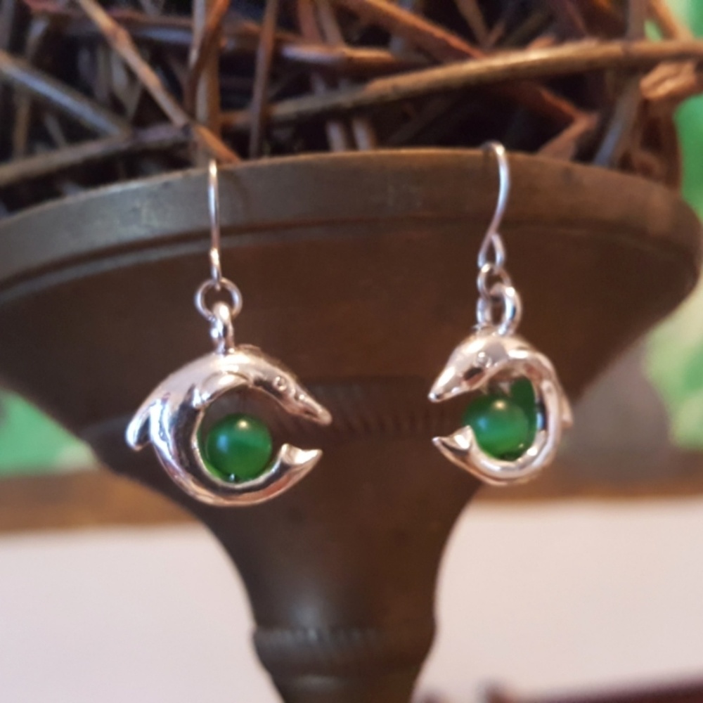 ⬇️ Dangling Silver Dolphin Earrings Green Bead